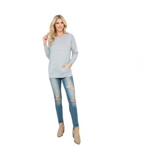 Long Sleeve French Terry Top with Kangaroo Pocket – Heather Gray